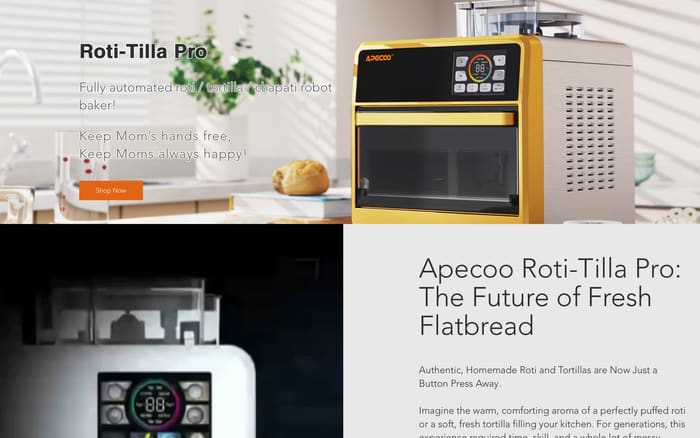 Apecoo Roti-Tilla Pro, a countertop flatbread-making robot with a control panel